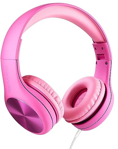 LilGadgets Connect+ Pro - Auriculares para niños para la Escuela, diseñados Pensando en la Comodidad de los niños, Plegables para Colocar sobre Las Orejas con micrófono en línea, Cable, Rosas
