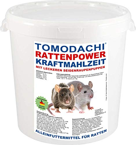 Tomodachi Rattenfutter mit tierischen Eiweißen, Rattennahrung mit Seidenraupen, Alleinfutter für die Ratte mit wenig Pellets und viel Gemüse, Karottenflocken, Erbsenflocken, Rattenpower 3kg Eimer