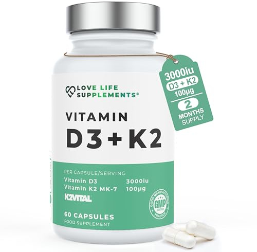 Vitamin D3 K2 and MCT Powder for Superior Absorption | Includes K2VITAL® MK-7 - A Premium Form of K2 | 60 Capsules | 3000iu D3 + 100μg K2 | Love Life Supplements - Premium UK Supplements