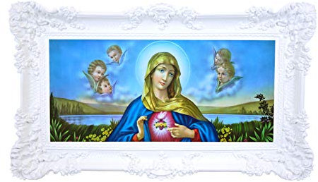 Idea Casa Quadro Stampa su Carta Telata del Sacro Cuore di Maria Cornice Barocca cm 96x56 (Bianco)