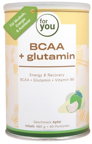 for you BCAA + Glutamin Energy & Recovery 480 g – Aminosäuren Pulver mit Vitamin B6 – Vegan & zuckerfrei – Für Muskelaufbau, Regeneration & Training – Sehr gut löslich – Geschmack Apfel