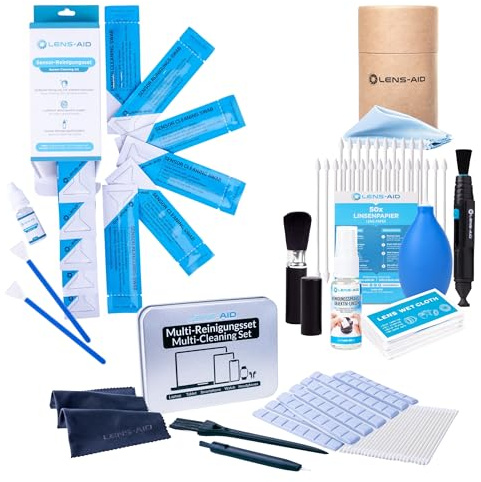 LENS-AID Reinigungsset für Kamera, Objektiv & Sensor: Komplettset mit Flüssigreiniger, Blasebalg, Pinsel, Lens Cleaning Pen, Mikrofasertuch, Elektronik-Pflegeset & Sensor Swabs (12 mm)