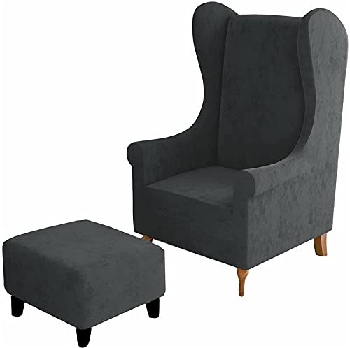 BXFUL Ohrensesselbezüge und Ottomane Abdeckung Bezug, Ohrensessel Schonbezug Hocker Bezug Rechteck/Square Samt Stretch 2 Stück (Wing & Ottoman Square,Grau)