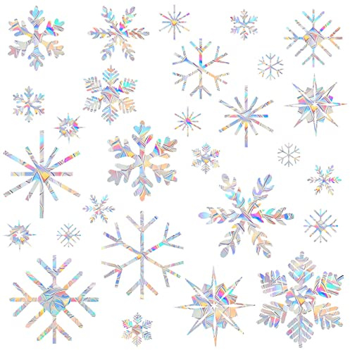 Window Decals for Glass Windows,Anti-Collision Clings to Save Birds from Window Collisions,Non Adhesive Prismatic Window Clings, Rainbow Stickers,Christmas Snowflake Window Clings,(28pcs)