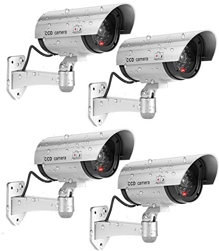 FITNATE 4 Stück Kamera attrappe, Fake Kamera Outdoor, Batteriebetrieben, regenbeständig, CCTV-Überwachungssystem mit rotem LED Blinklicht, 4 Sicherheitswarnaufklebern und 12 Schrauben - Silber