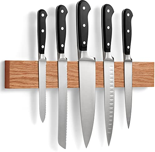 Magnetic Knife Rack in Oak with Extra-Strong Magnet - 40 cm - Magnetic Knife Holder for Wall for Knives, Utensils and Tools - by LARHN