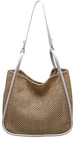 Hixingo Strohtaschen Damen Groß Kapazität Strandtasche Stroh Totes Taschen, Mode Sommer Boho Strand Gewebte Tasche Frauen Schultertaschen, Strohsack für Reisen und Urlaub (34x28x13cm,Weiß)