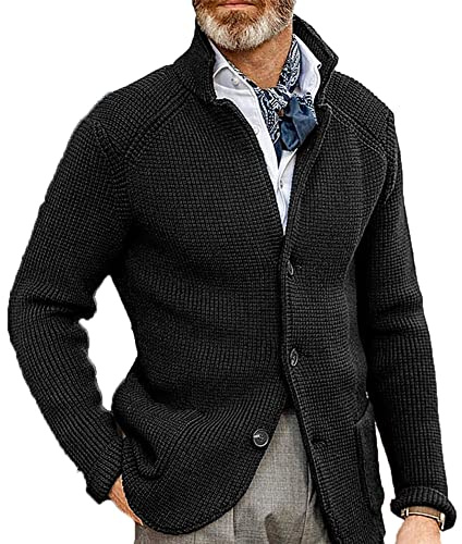 Hearda Mens Cardigan Chunky Knitted Jumper Button Sweater Jacket Shawl Stand Collar Warm V Neck Chunky Autumn Winter Knitwear Overcoat Outerwear Black