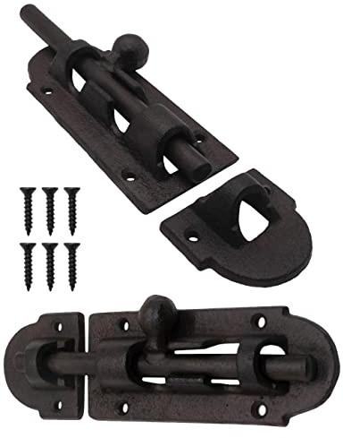 FUXXER Verrou de porte massif avec bouton, design en fonte, 200 x 59 mm, marron rouille/noir, 2 pièces