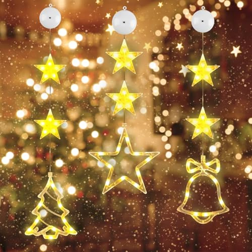 Weihnachten Fenster Lichter,JOFONY 3 Stück Fenster Lichterkette,30 Warmweiß LED Weihnachtsbeleuchtung Deko mit Saugnapf,Hängend Fensterlicht für Innen Außen Weihnachtsfeier