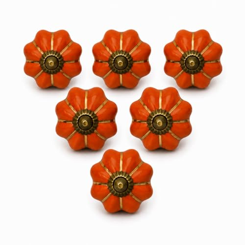 Ajuny Juego De 6 Pintado A Mano Brillante Orange Calabaza Pomos De Cerámica | Decorativo Tiradores Para Armario De Cocina Aparadores Tocador Cajón Cómoda Baño Dormitorio, Vintage Redondo Muebles Pomos