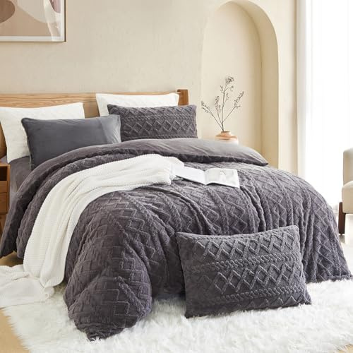 AShanlan Flanell Bettwäsche 135x200 Winter Warme Bettbezug 135 x 200 und Kissenbezug 80x80 cm ÖKO-TEX Fleece Bettwäsche Set Superweich & Kuschelig mit Reißverschluss | Dunkelgrau