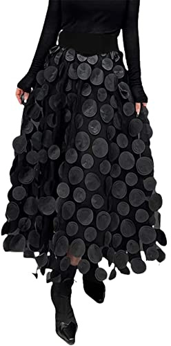 Cihdmfb Tüllrock Damen Vintage Solide A-Linien Halblanger Rock 3D Polka Dot Faltenrock Mesh Flowy Geburtstag Hochzeitsfeier Lang Rock Elastisch Hohe Taille Tutu Rock Lange Stufenröcke