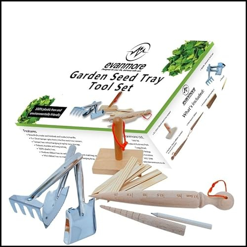 Garden Seed Tray Tool Set - Wooden Soil Tamper, Large & Small Dibber, Fork, Rake and Trowel, 8 Seed Marker Labels & Pencil. 100% Plastic Free & Environmentally Friendly