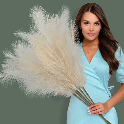 Pampas Grass 5 Pcs Dried Flowers Artificial Fake Plants Autumn Decorations, Boho Decor Home Decoration for Halloween Christmas Weddings Party Crafts Vase Indoor and Outdoor(Beige)