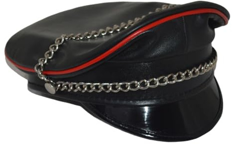 awanstar AW-0057 Echt Leder Mütze schwarz mit Roter paspel Schirmmütze Military Hut Männer Ledermütze Armee Hut Halloween Bikermütze,herren mit kette