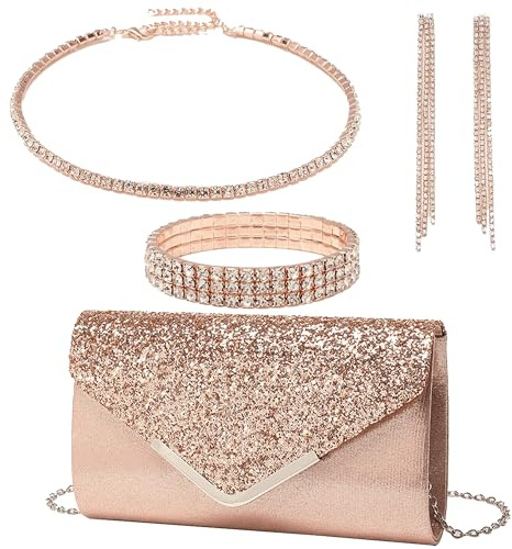 OUAYEMEL Women Glitter Envelope Clutch Bag Sequins Evening Wedding Handbag Purse Bridal Prom Party Shoulder Bags Elegant 4 piece Rhinestone Jewelry Set for Women Rose Gold