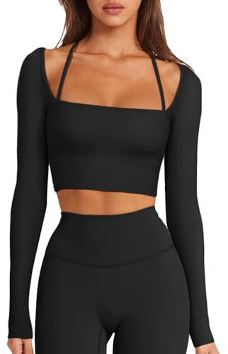 LASLULU Long Sleeve Workout Tops for Women Sexy Square Neck Crop Tops Cropped T Shirts Exercise with Built in Bra(Black Medium)