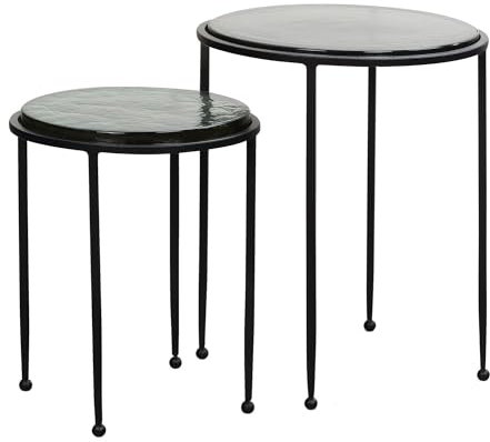 FineBuy Beistelltisch 2er Set Grün Schwarz Design Satztisch Glas Metall Rund, Wohnzimmertisch Modern, Ausgefallener Couchtisch, Sofatisch 2-teilig abnehmbare Tischplatte