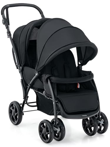 GOPLUS Geschwisterwagen Zwillingswagen, Kinderbuggy Klappbar, Buggy Zwilinge, Kinderwagen Babybuggy, Babywagen Grau, für Babys ab 6 Monate (Schwarz)