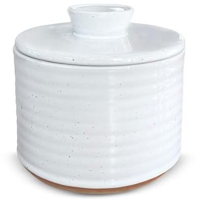 Mantequera para encimera con agua, mantequera francesa esmaltada blanca, para dejar en la encimera, de cerámica, apta para lavavajillas, con tapa para encimera
