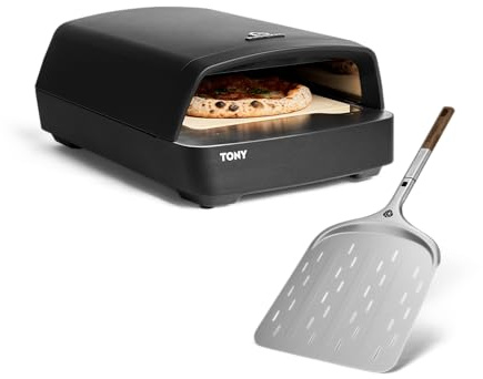 BURNHARD® Forno per pizza a gas TONY, 450 °C, forno da esterno portatile per pizza da 5,9 kW (58,5 x 47,7 x 24,8 cm) con palino per pizza & pietra refrattaria in cordierite