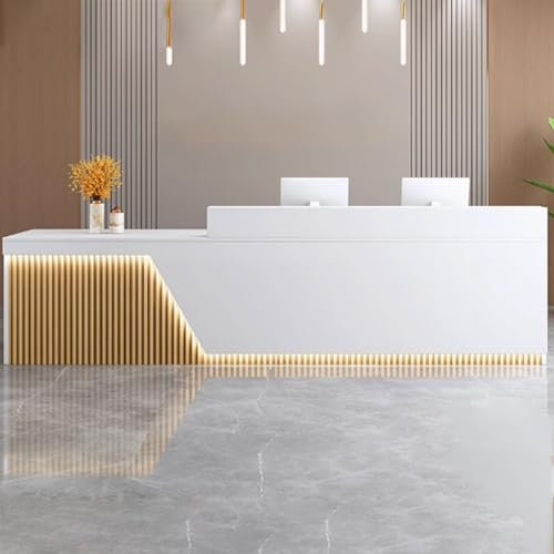 GUQASDV Reception Desk Modern, Empfangstresen für Praxis, Bürotheke Reception Tisch, Empfangstheke Rezeption mit Sanfter Beleuchtung für Supermärkte, Bekleidungsgeschäfte, Restaurants(White+natural,14