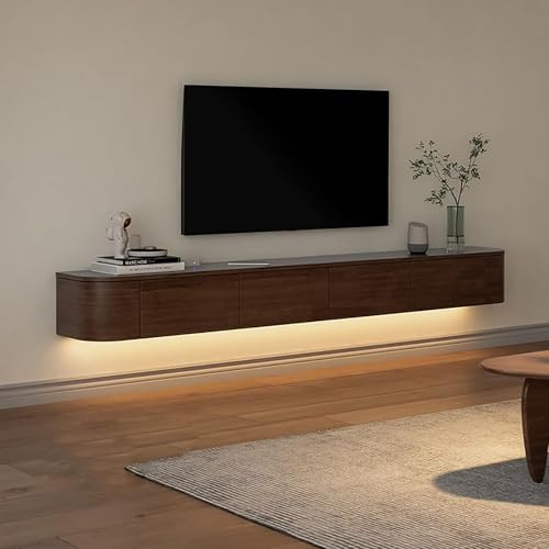 Floating TV Unit with LED Lights, Wall-Mounted TV Cabinet, Media Wall Unit with Storage, Entertainment Unit for Living Room, Modern Floating TV Stand with Drawers and Shelves (Walnut+LED, 200CM)