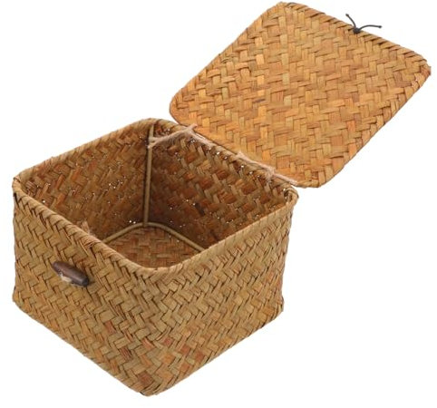 Homoyoyo Geflochtener Kleinigkeitenkorb Mit Deckel Klein 14×14×9cm Strohgeflecht Aufbewahrungskorb Für Kosmetik Haushalt Büro