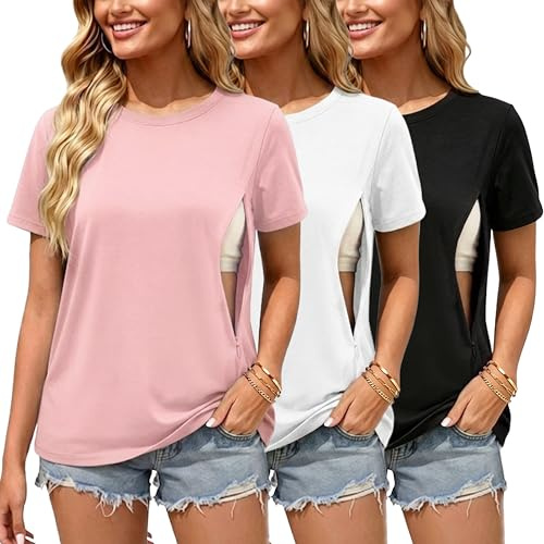 Love2Mi Set da 3/4 Magliette per Allattamento con Cerniera Nascosta, Apertura per l'Allattamento, Maniche Corte, T-Shirt per Donne Incinte, XXL