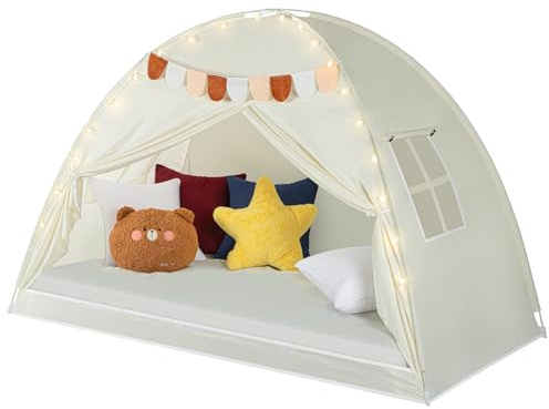 Twin Bed Tent for Kids - Twin Bed Canopy for Girls, Portable Privacy Tent for Toddler Travel Bed Sleeping Tents Indoor Cottage Drafty Room Floor Bed Tents with Stars Lights & Flags, Beige