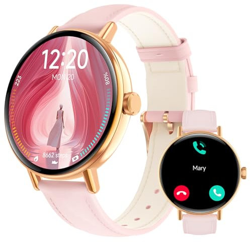 Smart Watch for Womem Answer/Make Call,1.27 HD Dynamic Dial Fitness Watch with Heart Rate/Sleep/SpO2, Leahter Ladies Smartwatch for iPhone/Samsung/Android,IP68 Waterproof，110+ Sport Mode-Pink Rose