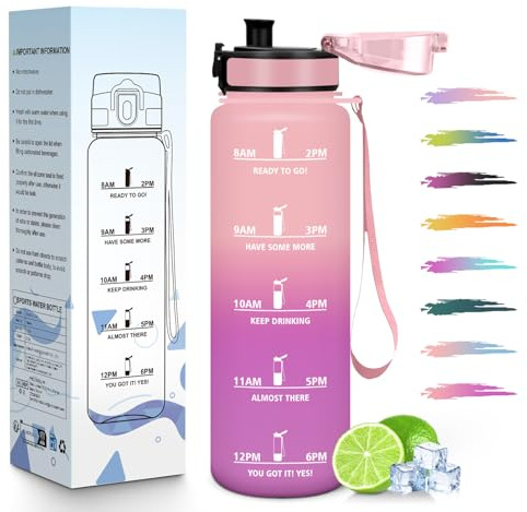 HoneyHolly Gourde 1L, Réutilisable, Water Bottle Sport, Marqueur Horaire, Bouteille, Étanche, Portable, Gourde Graduée pour Salle de Sport, Vélo, Bureau, Extérieur, École, Bouteille Eau, Water Bottle