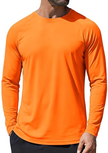 GOLDPKF Rash Vest Mens UV T Shirts for Mens Running Tops Long Sleeve Lightweight Breathable Swimming T-Shirt Orange M