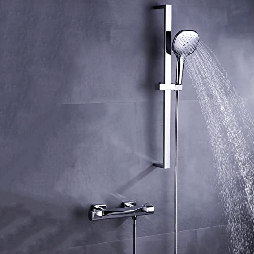 Bath Faucet Thermostat with Shower Faucet Wall Mounted Chrome Brass Shower Set,