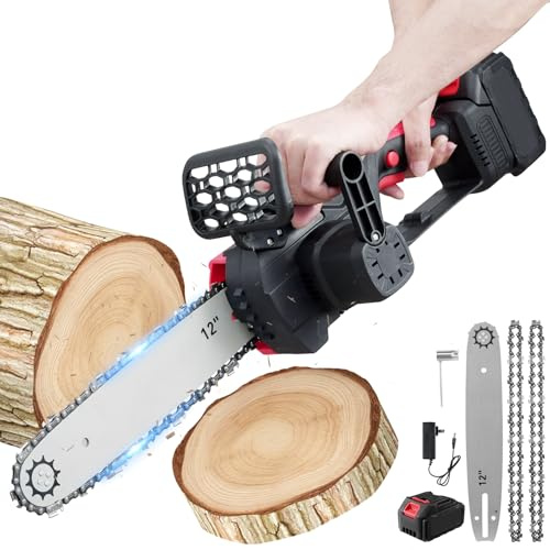 Mini Chainsaw Cordless 12in, Powerful Electric Chain Saws, Battery Chainsaw | Cordless Chainsaws with Battery and Charger, 2 Chains, Security Lock Handheld Small Chain Saw for Tree Pruning