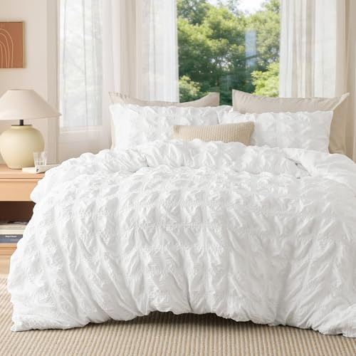 Bedsure Double Duvet Cover Set - Seersucker Bedding, White, 200x200 cm | Soft Breathable Puckering Textured Bedding Set with Zipper Closure and 2 Pillowcases for All Seasons