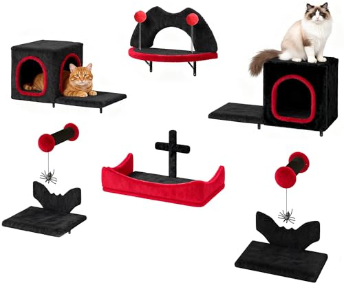 DWVO 8-Pieces Cat Tree, Gothic Wall Climbing Set for Cats with 2 Houses, 2 Scratch Posts, 3 Shelves and 1 Hammock, Cat Climbing Play Towers with Hanging Spider Decors, Halloween Black & Red