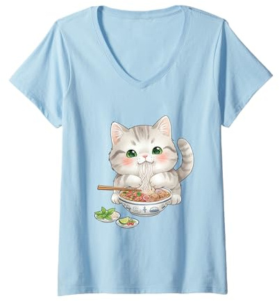 Mujer Pho Cat Lover Palillos Vietnamitas Fideos Comida Asiática Camiseta Cuello V