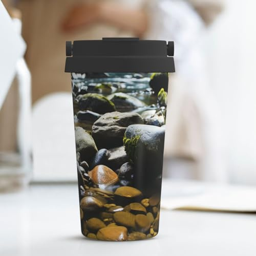 PAQOLSMCKR Bicchiere in acciaio inossidabile con coperchio isolato Tumbler Stream Stones Tazza da caffè per viaggi Tazza da auto riutilizzabile Tazza doppia parete isolata per caffè