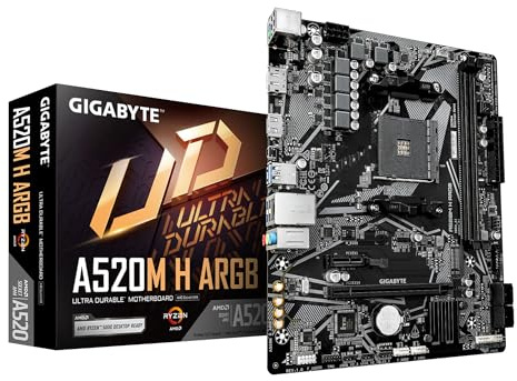 GIGABYTE A520M H ARGB Carte Mère – Compatible avec processeurs AMD Ryzen Série 5000, Jusqu’à 5100 MHz DDR4 (OC), M.2 PCIe 3.0 x4, LAN 1 GbE, USB 3.2 Gen 1