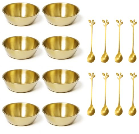 Sxutop 8 stycken dippskålar i rostfritt stål guld kryddskålar med 8 skedar gyllene såsskål rostfritt stål såsskålar guld små serveringsskålar för sidorätter sushi ketchup sojasås kryddor (8,2 x 3 cm)