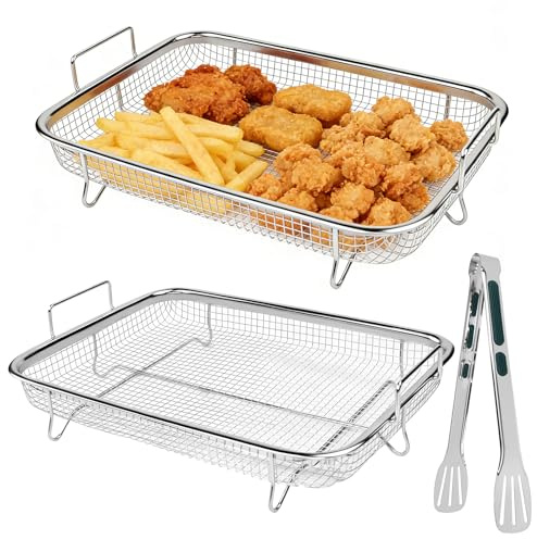 WANTOUTH 2PCS Cesta para Freidora de Aire, Rejilla Acero Inoxidable Air Fryer, Estantes Freidora de Aire con 1 Pinza para Alimentos, Rejilla de Enfriamiento para Horno, Barbacoa y Asado-30x22,5x 5,2cm