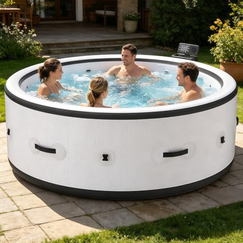BANGBANGJI Spa Gonflable Rond pour Extérieur, Ensemble Massage à Bulles 206cm, pour 4-6 Personnes, Rond 206 x 71cm, Chauffage Rapide 104°F, avec 150 Jets d'air & 1 Couverture Thermique