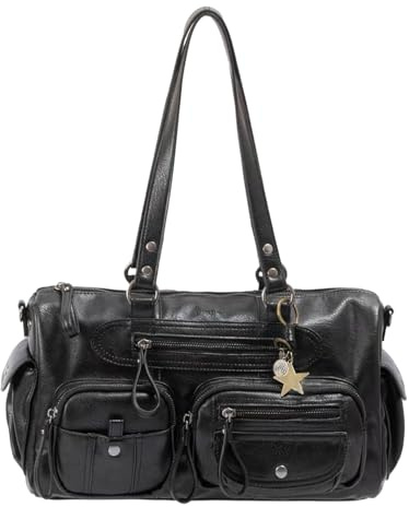 Vintage Handtasche Damen aus PU Kunstleder Y2K Retro Stil mit Metallnieten Mehrfachtaschen geräumige City Bag Schultertasche Umhängetasche für Alltag Schule Arbeit Freizeit Reise