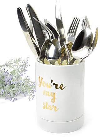 Sendez Soporte para cubiertos con escurridor de porcelana con diseño de soporte para cubiertos y escurridor