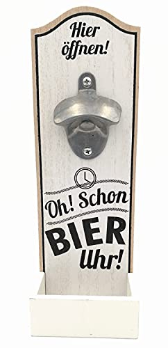Robuster Grosser Wand Flaschenöffner im Vintage Stil zur Wandmontage aus Holz, mit Metall Kapselheber, Masse 30 x 10 cm, Ausführung mit Spruch: OH! Schon Bier Uhr!