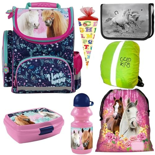 Pferdefreunde I love Horse Pferde Set Schultüte Ranzen Schulranzen Tornister Federmappe Turnsack 7-teiliges Set