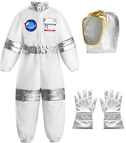 ReliBeauty Disfraz Astronauta para Niños con casco y guantes,Blanco,11-12 años (Etiqueta 150)
