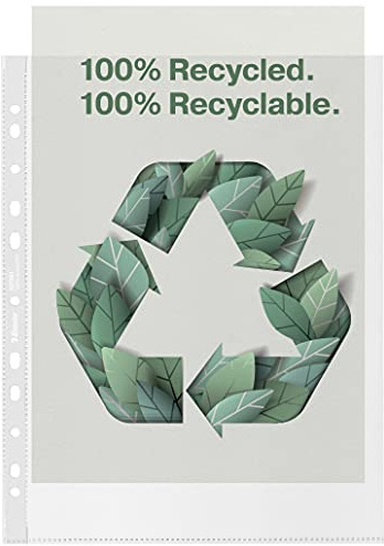 Esselte Recycle A4 MAXI-Prospekthüllen, Premium geprägtes extra starkes PP mit größerem Fassungsvermögen, 100 Mikron, Kunststoffhüllen mit Universallochung, 100er Pack, 627503